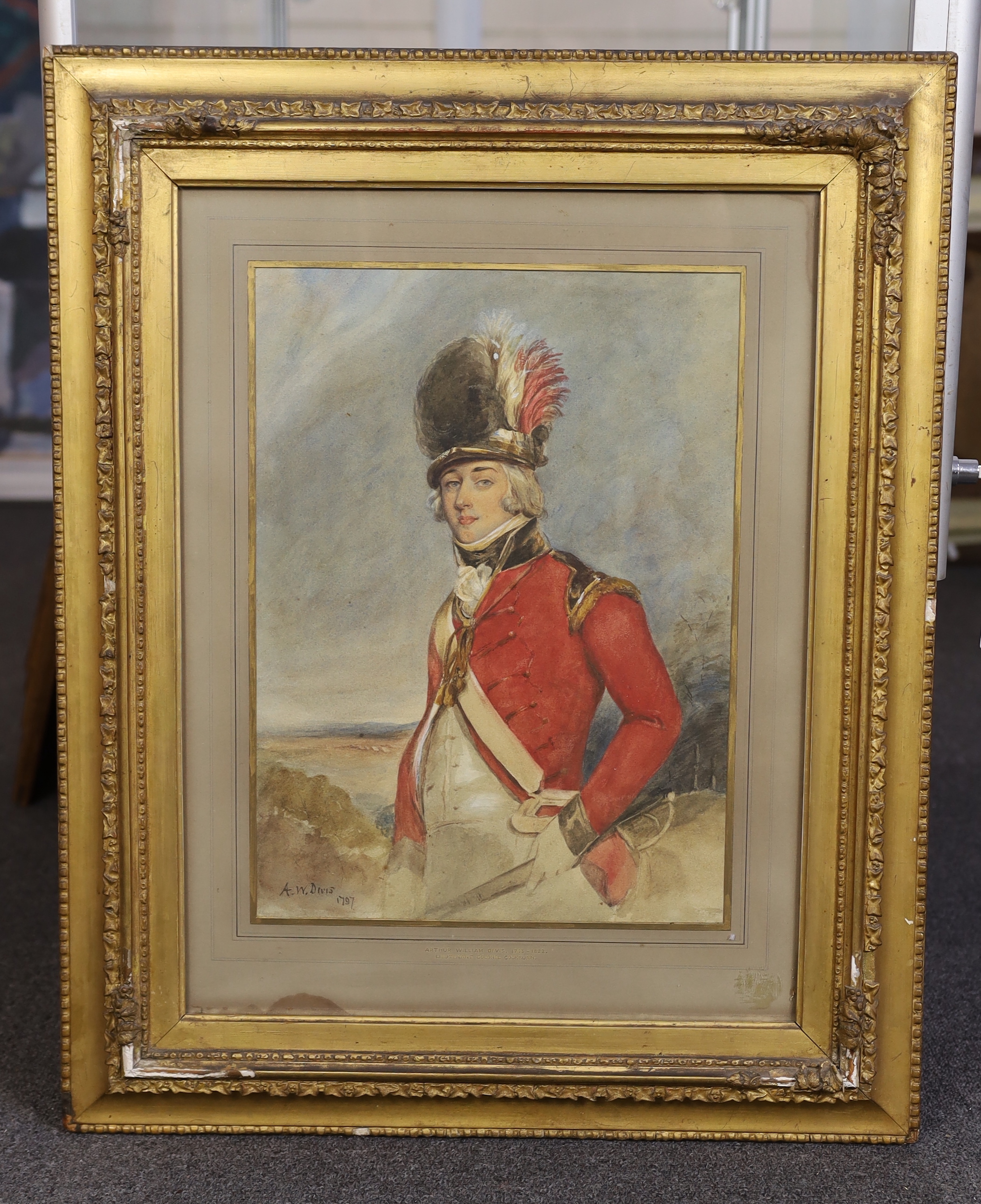 After Arthur William Devis (English, 1763-1822), watercolour, Portrait of Lieutenant Colonel Cockburn, bears signature and date 1797 but thought to be a 19th century work, 42 x 31cm